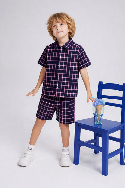 Navy Checked Cotton Nicker Suit Boys 603