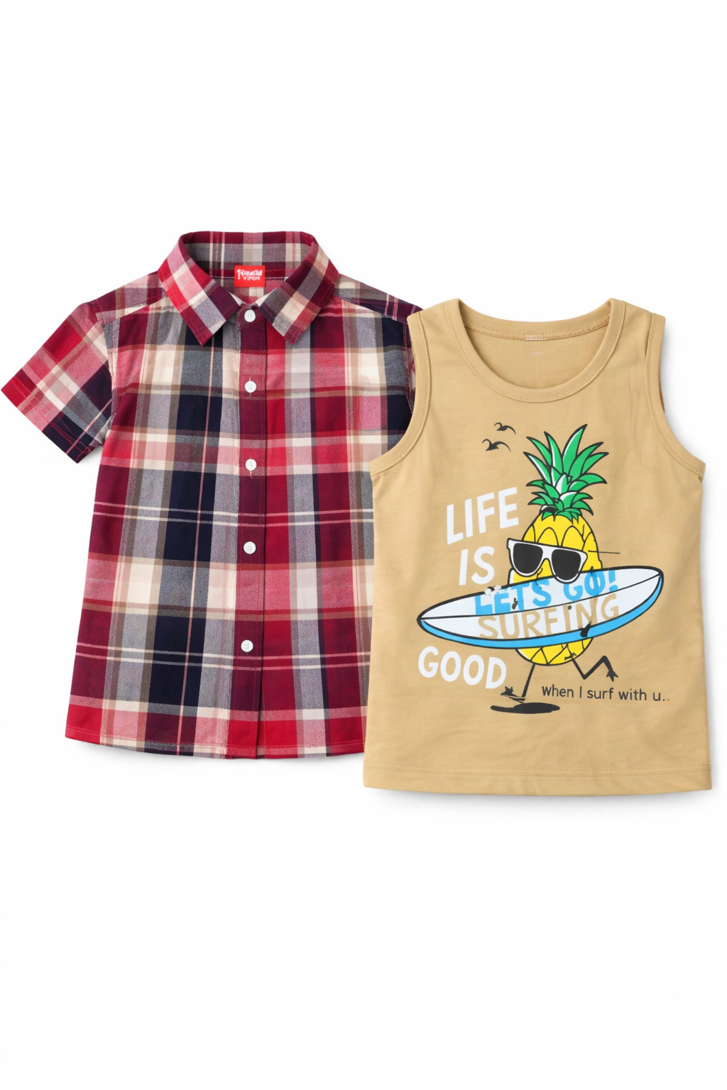 Red&Black Check Surfing Board Printed Double Casual Shirt