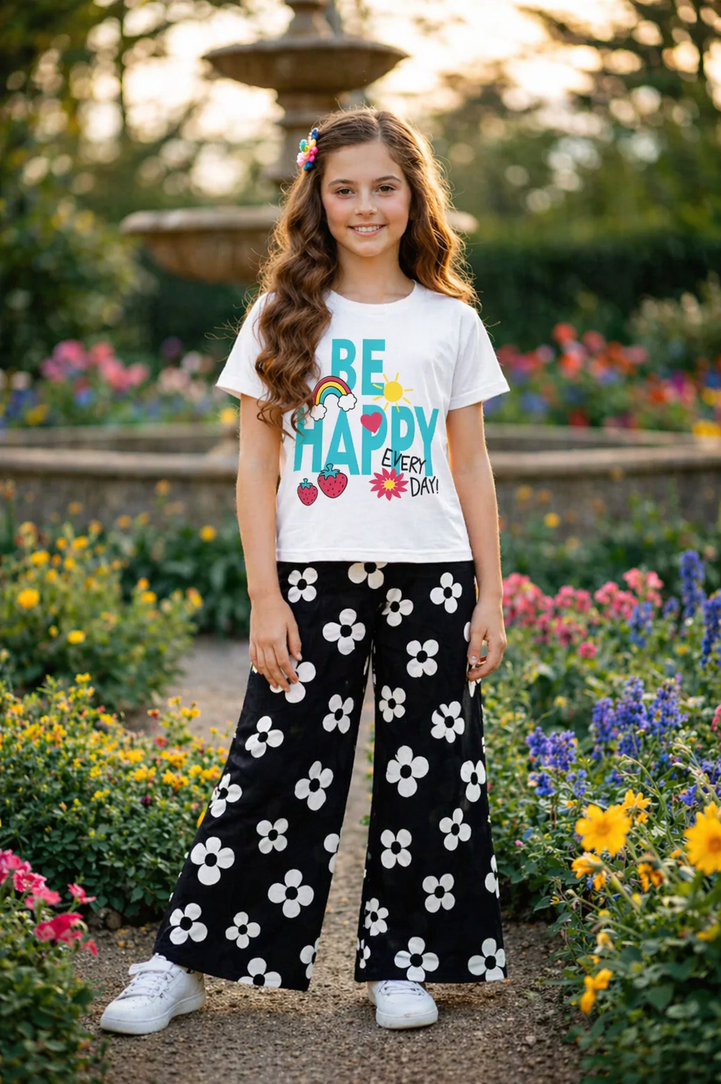 [Be Happy ] Printed White T-shirt & Cotton Flapper 627