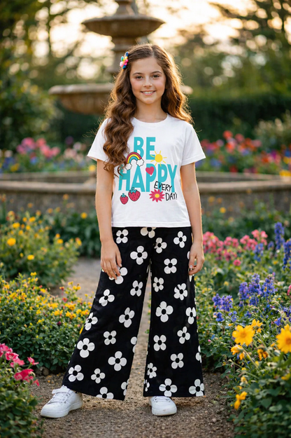 [Be Happy ] Printed White T-shirt & Cotton Flapper 627