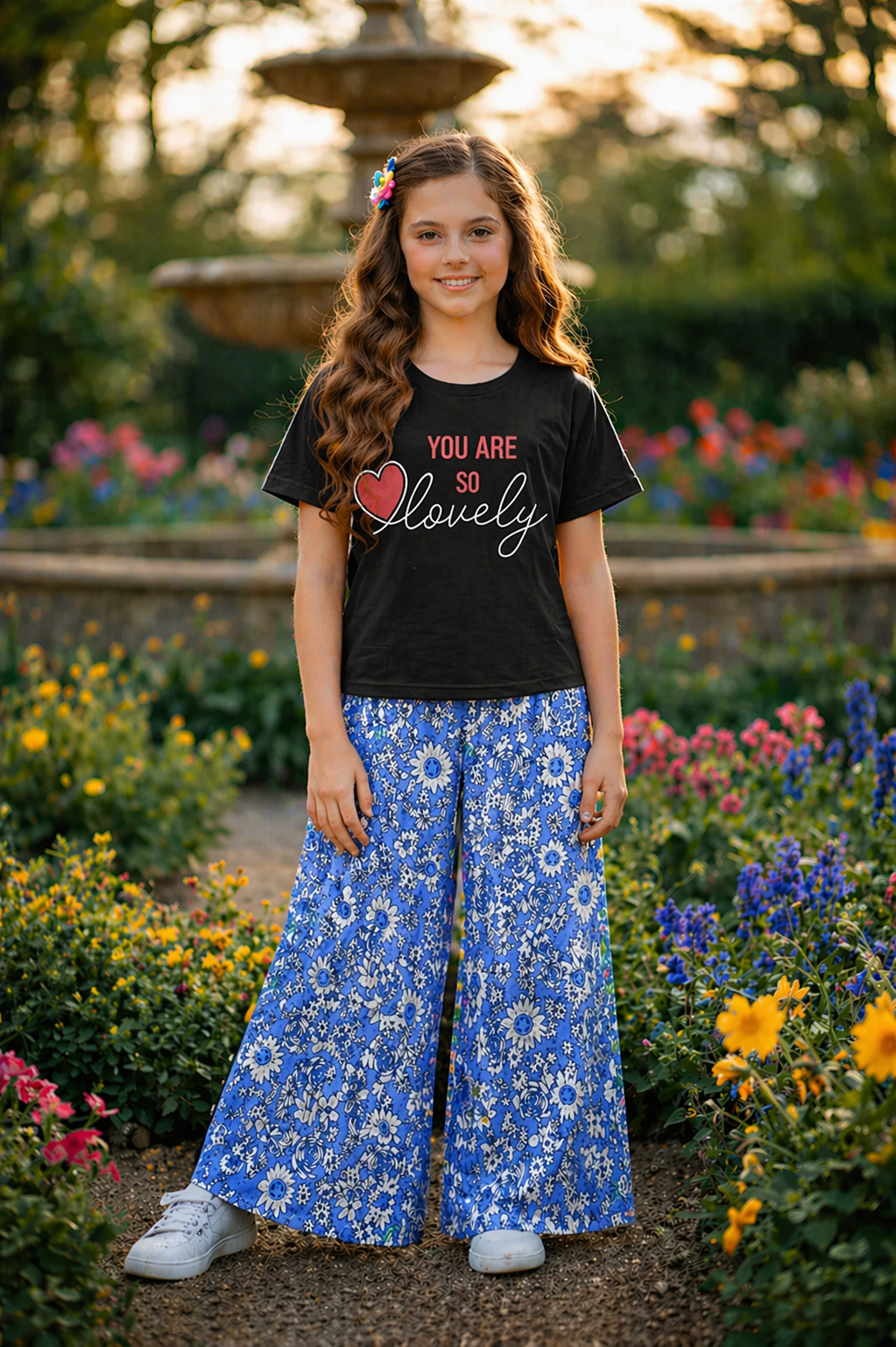 [You Are So Lovely ] Printed Black T-shirt & Cotton Flapper 515