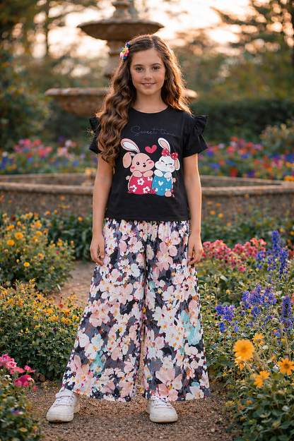 Sweet Time Twins  Bunny Printed Black T-shirt & Cotton Flapper 526