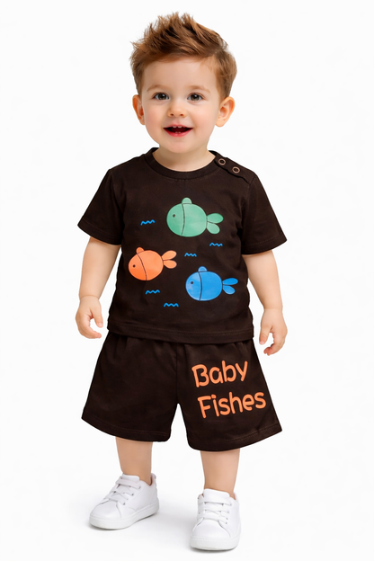 Fishes Printed Dark Brown New Born Nicker Suit 219