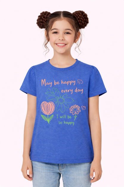 Pink Flowers May Be Happy  Printed Blue T-Shirt Girls 240