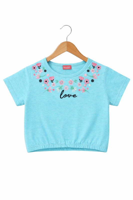 Pink Flowers Embroidered  Blue  T-Shirt Girls 204