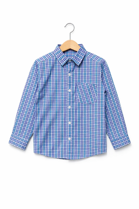 His&Hers Kid's Plaid Button Down Sky And Blue Check Shirts Cotton Long Sleeve Dress Shirt  109