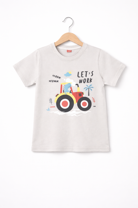 Red Yellow Truck & Tree Printed Grey Boys T-Shirt