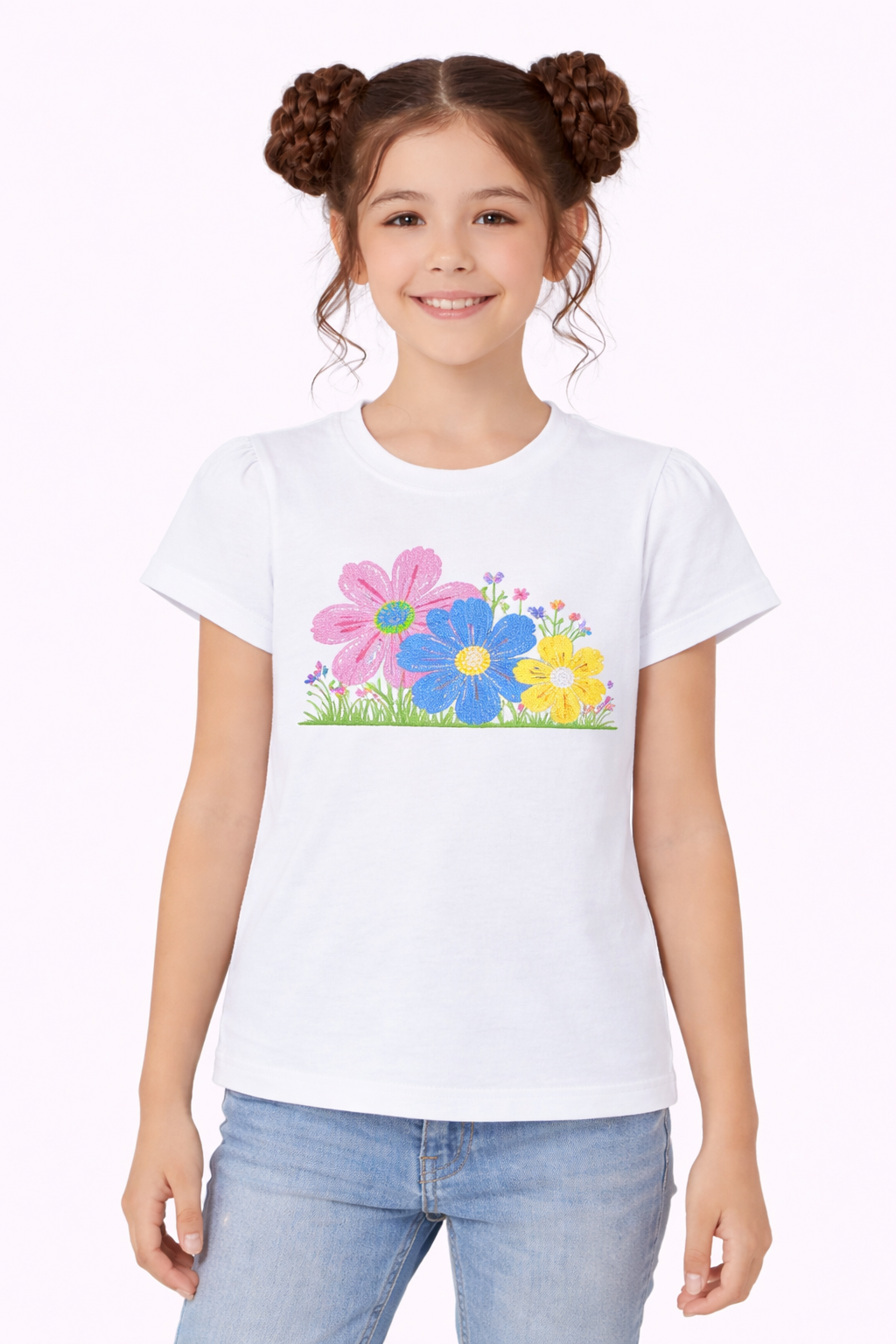 Multicolor  Flowers Printed White  T-Shirt Girls