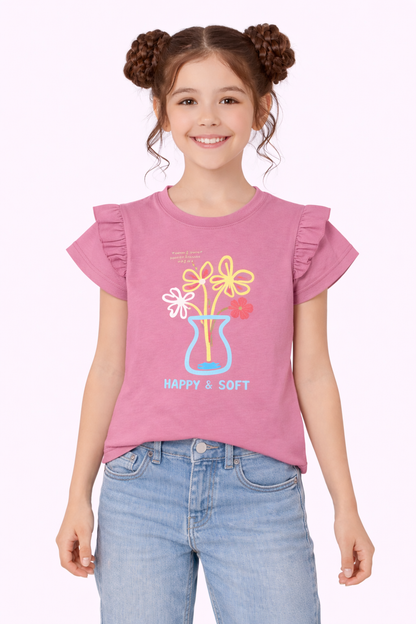 Happy Soft  Printed Pink  T-Shirt Girls