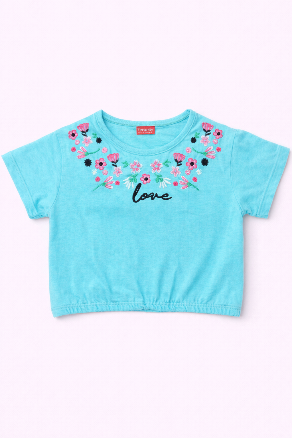 Pink Flowers Embroidered  Blue  T-Shirt Girls 204