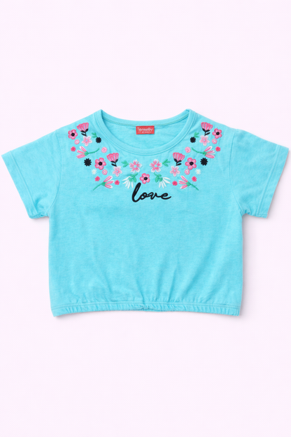 Pink Flowers Embroidered  Blue  T-Shirt Girls 204