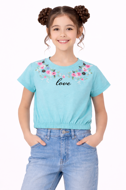 Pink Flowers Embroidered  Blue  T-Shirt Girls 204