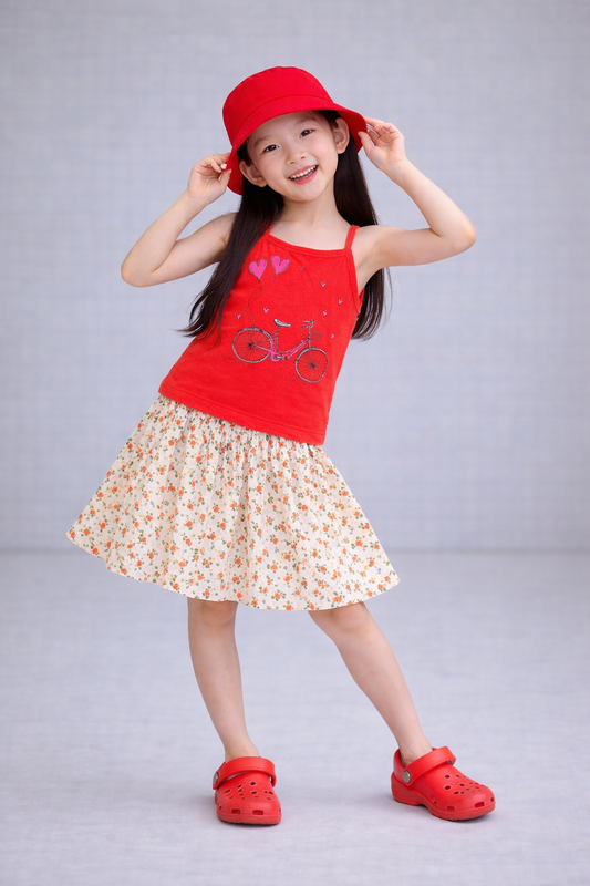 Pink Bike Printed Red Girls Top & Skirt