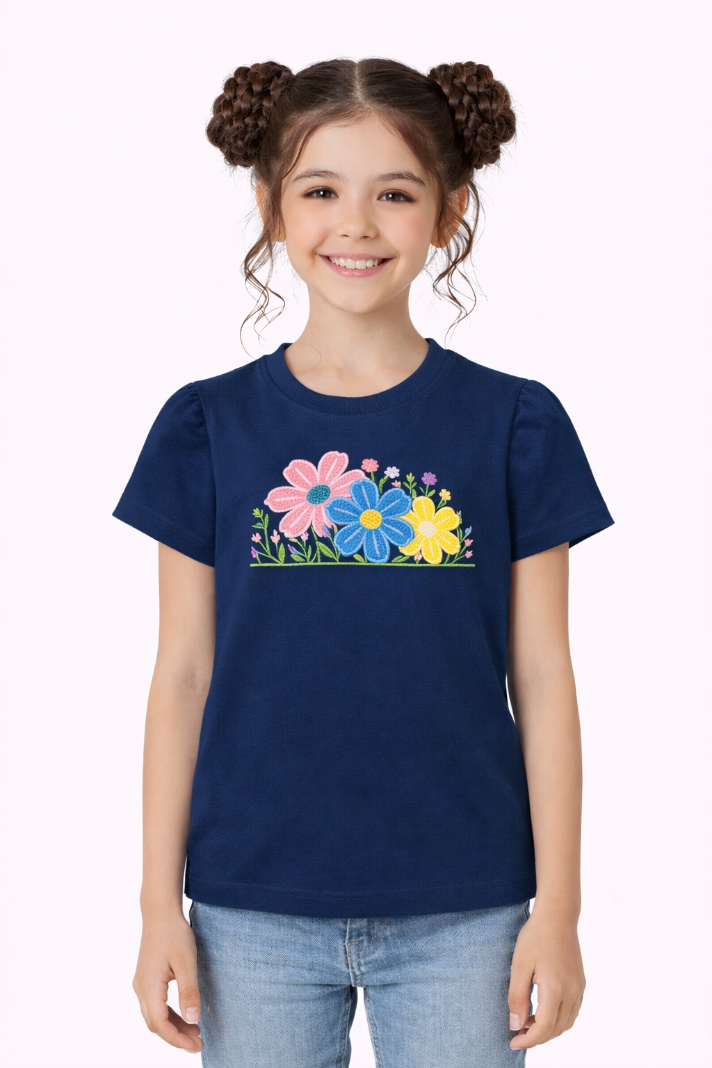Multicolor  Flowers Printed Navy   T-Shirt Girls 227