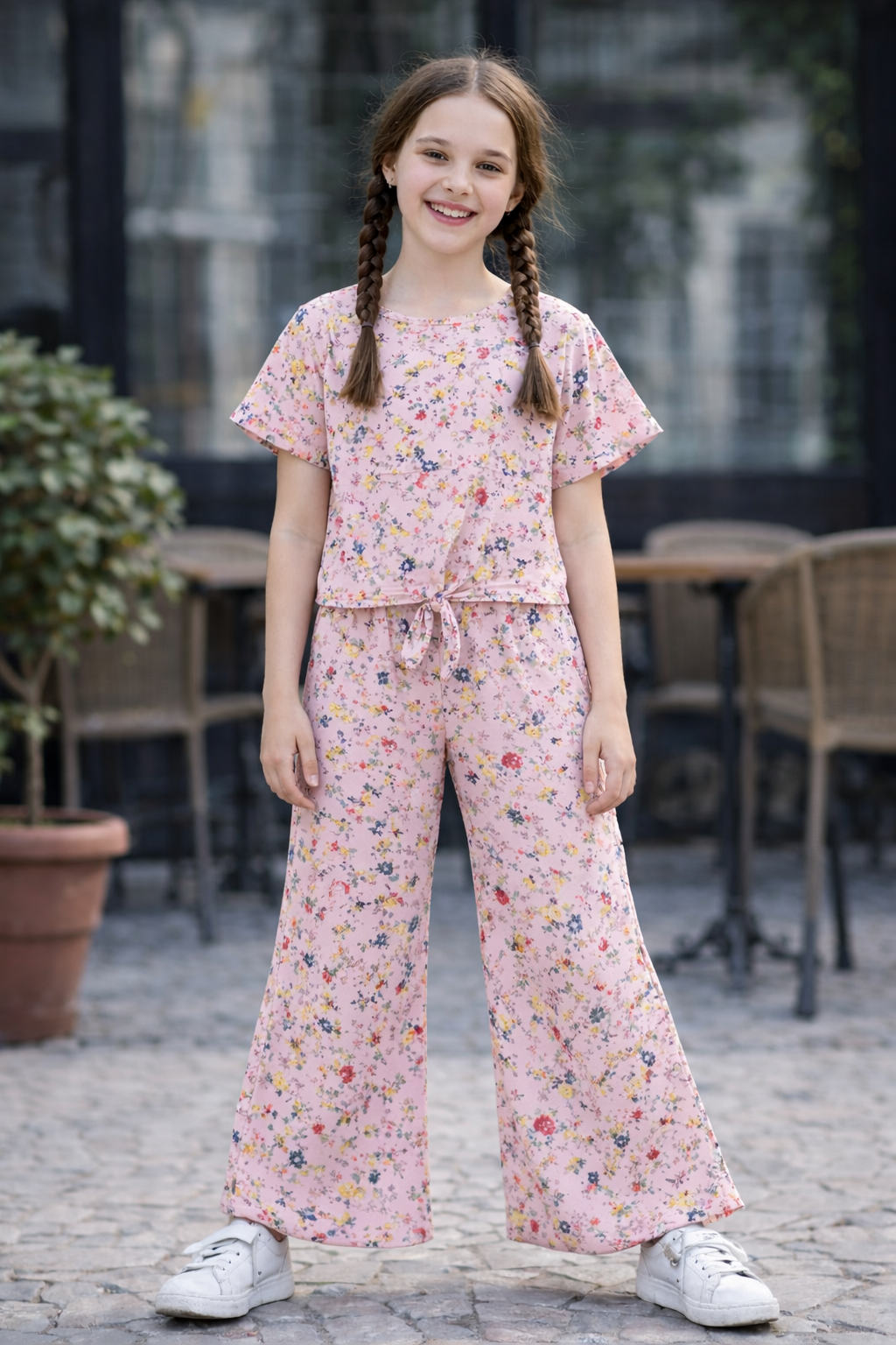 Green Flowers All Over Print Light Pink Cotten Girls Co-Oder Set 525