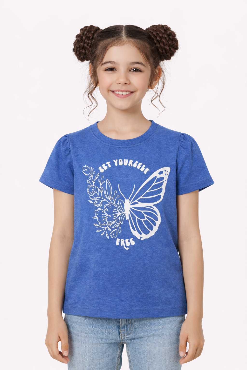 White Butterfly  Printed Blue  T-Shirt Girls 246