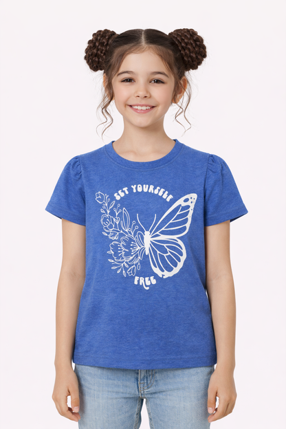 White Butterfly  Printed Blue  T-Shirt Girls 246