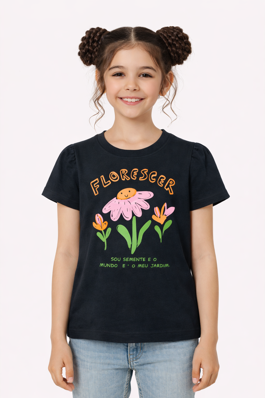 Pink Flowers Printed Black  T-Shirt Girls 246