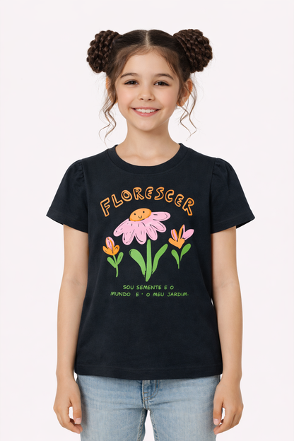 Pink Flowers Printed Black  T-Shirt Girls 246