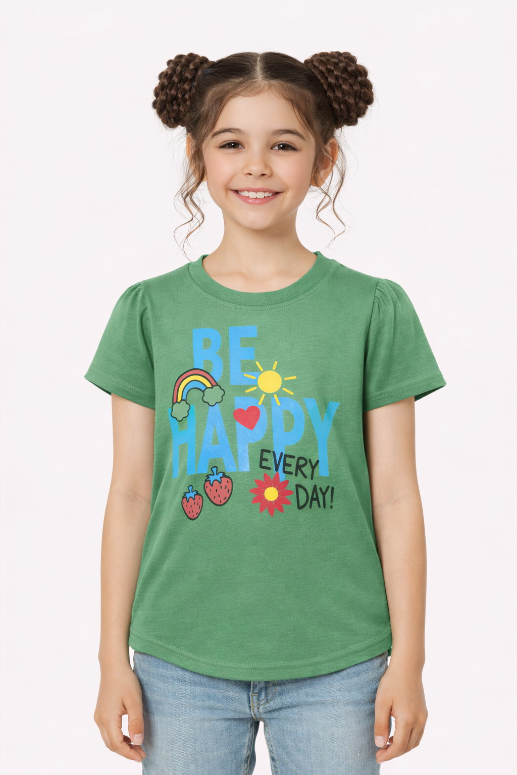 Blue Be Happy  Printed Green T-Shirt Girls 240