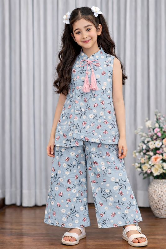 Red Flowers Printed Light Blue Top- Flapper Set 306