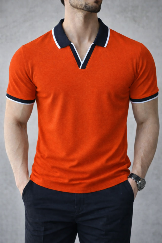 Men’s stylish orange polo t-shirt with clean fitted design and modern contrast accents.