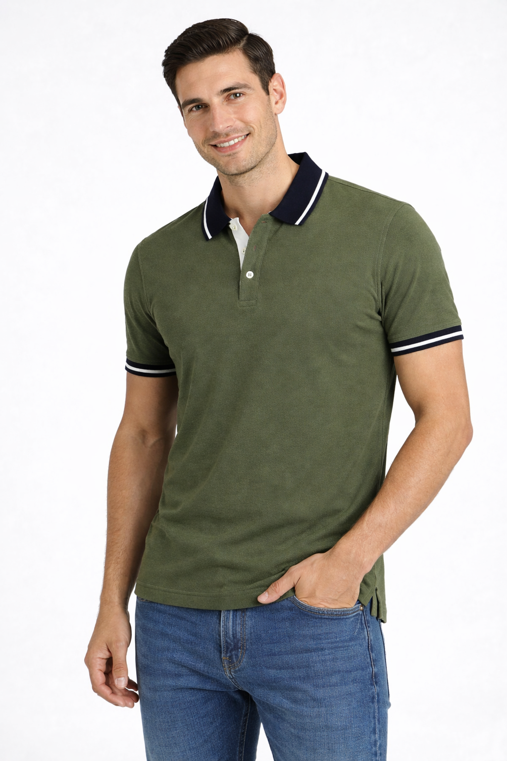 Men's Olive Green Contrast Collar Polo Shirt 531