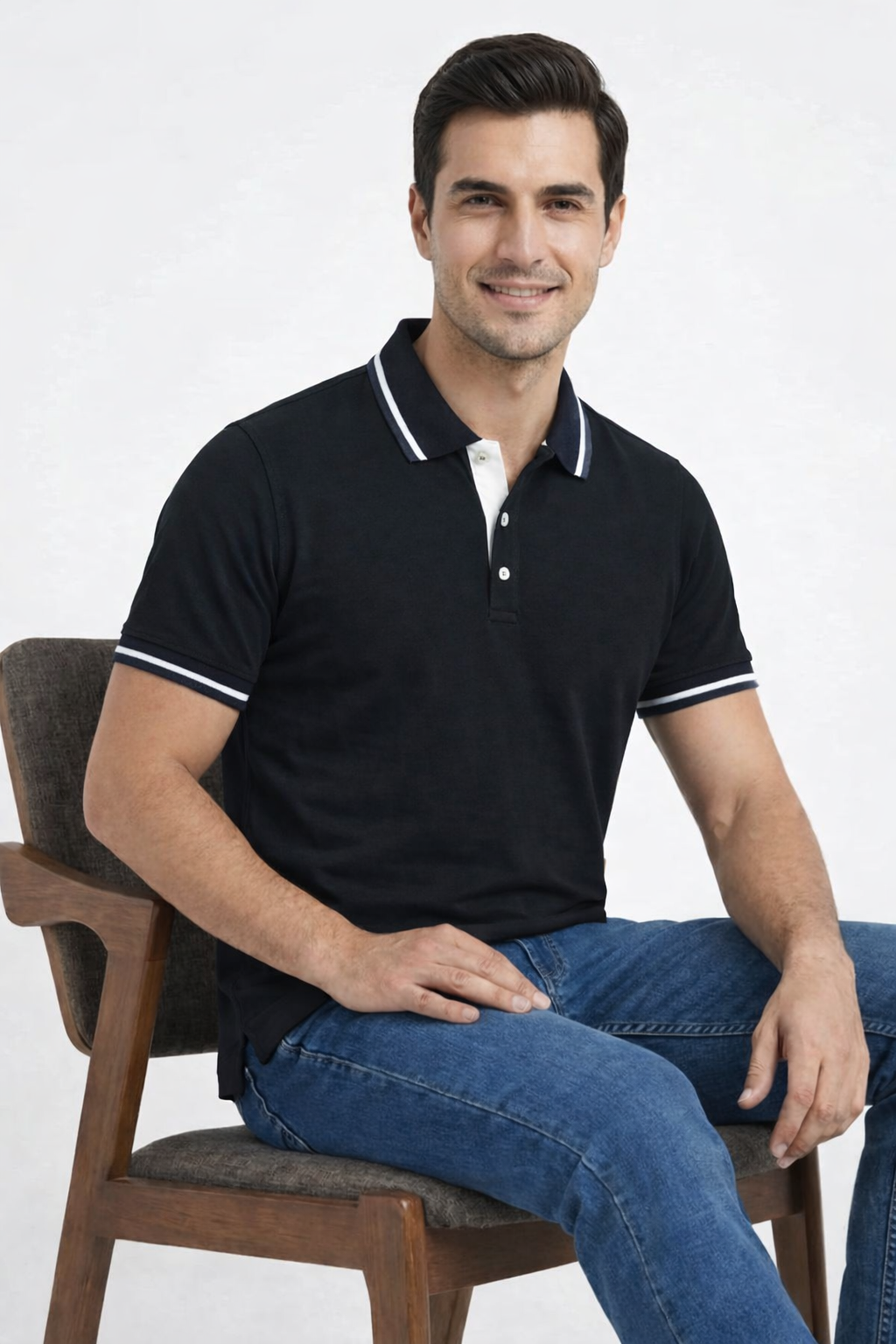 Men's Classic Black Contrast Collar Polo Shirt  538