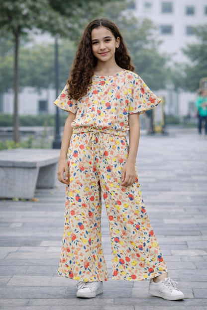 Pink Blue Leaves All Over Print Cotten Girls Co-Oder Set 245