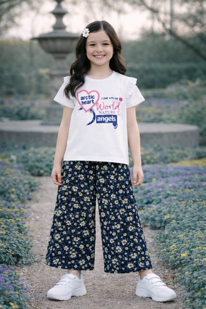 Pink Heart [World Angles] Printed White T shirt &Cotton Flapper