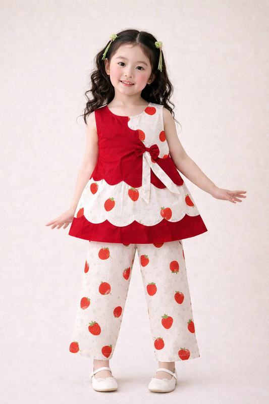 Red Starwberry Printed Red & White Girls Co-Ord set