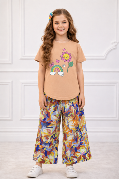 Rainbow With Flower Printed Peach beige T-shirt & Cotton Flapper 503