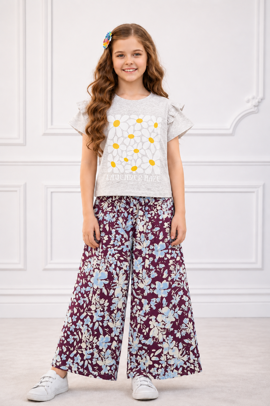White Flowers Printed Light Grey T-shirt & Cotton Flapper 517