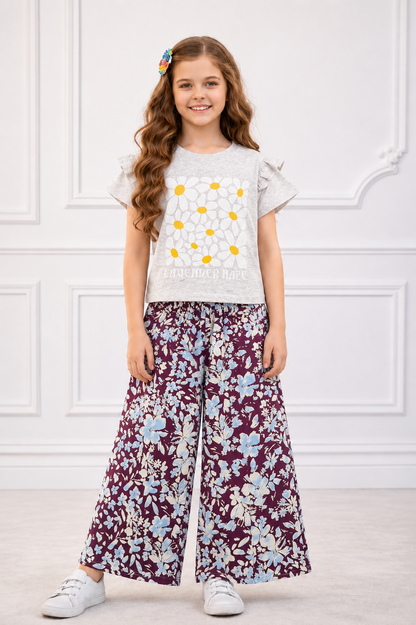 White Flowers Printed Light Grey T-shirt & Cotton Flapper 517