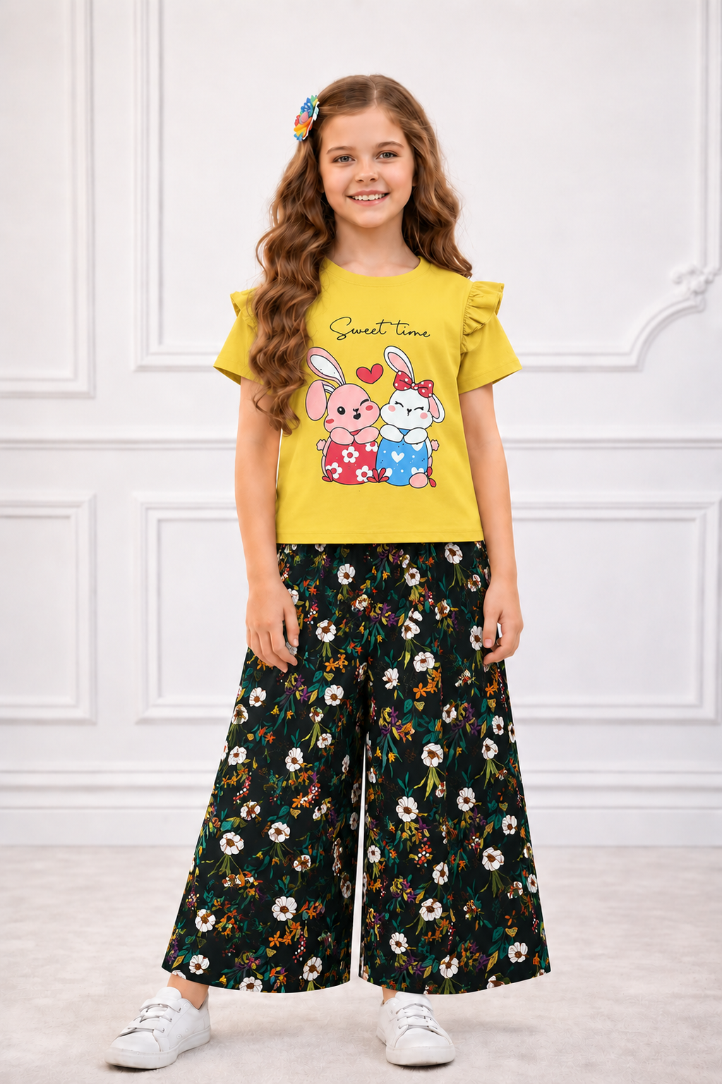 [ Sweet Time ]  Bunny Printed Mustard T-shirt & Cotton Flapper 526