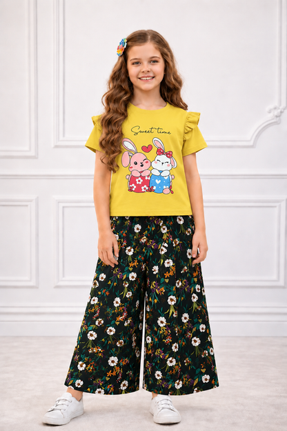 [ Sweet Time ]  Bunny Printed Mustard T-shirt & Cotton Flapper 526