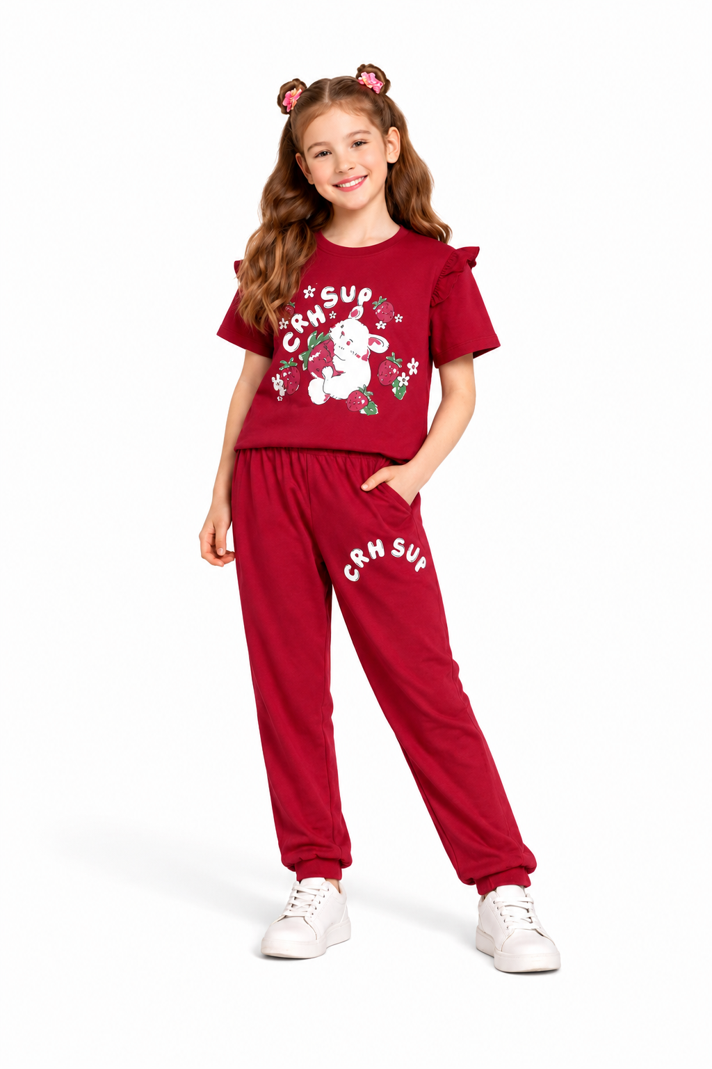 White CRNSUP Printed Maroon  T-Shirt &Trousers Girls 526