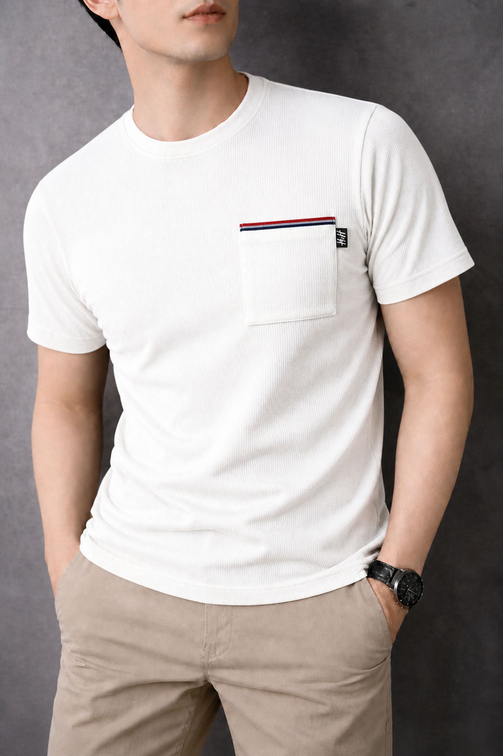 White  Cotton Thermal tape pocket Men T shirt  545+539