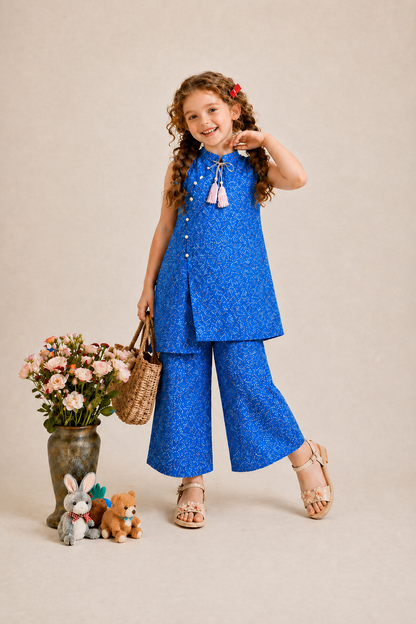 Royal Blue with Pink  Color Emerald Tassel  Soft Lawn Top- Flapper Set 528