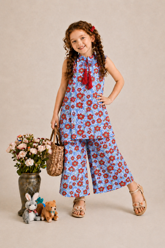 Red Flowers Printed Blue with Red   Emerald Tassel  Soft Lawn Top- Flapper Set 509