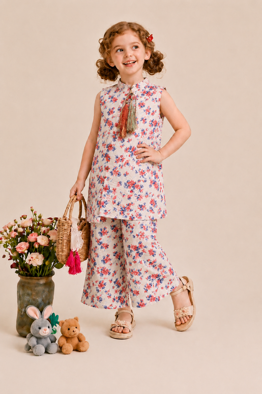 Pink & Blue Flowers  Printed with Green  Emerald Tassel  Soft Lawn Top- Flapper Set 514