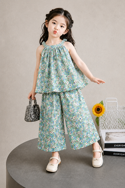 Light Green Flowers Printed  Floral Top & Wide-Leg Pants Set 510