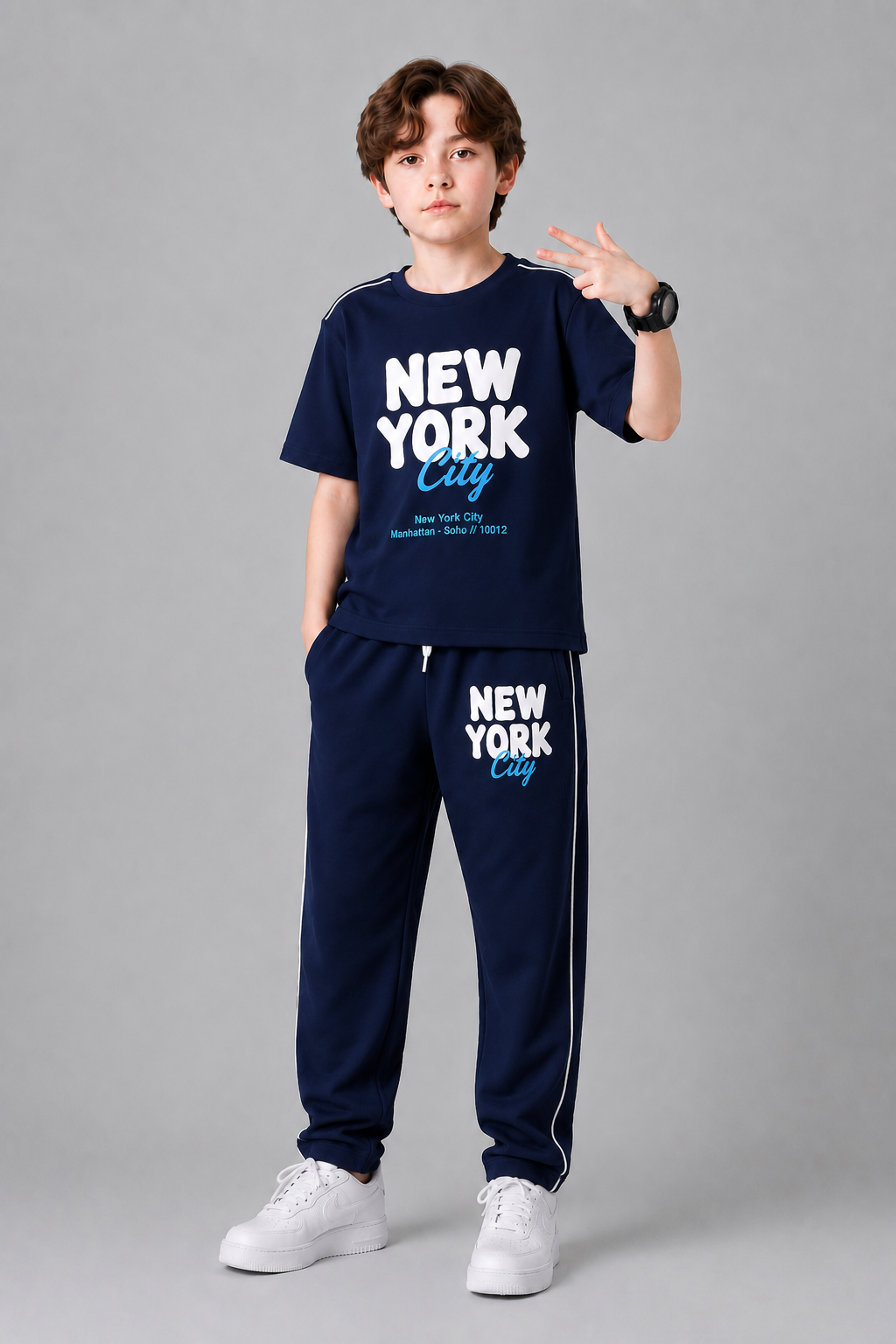 White [New York ]  Printed Navy  T-Shirt &Trousers Boys 416