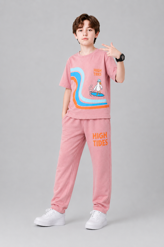 Waves Lines Printed  Peach T-Shirt &Trousers Boys 208