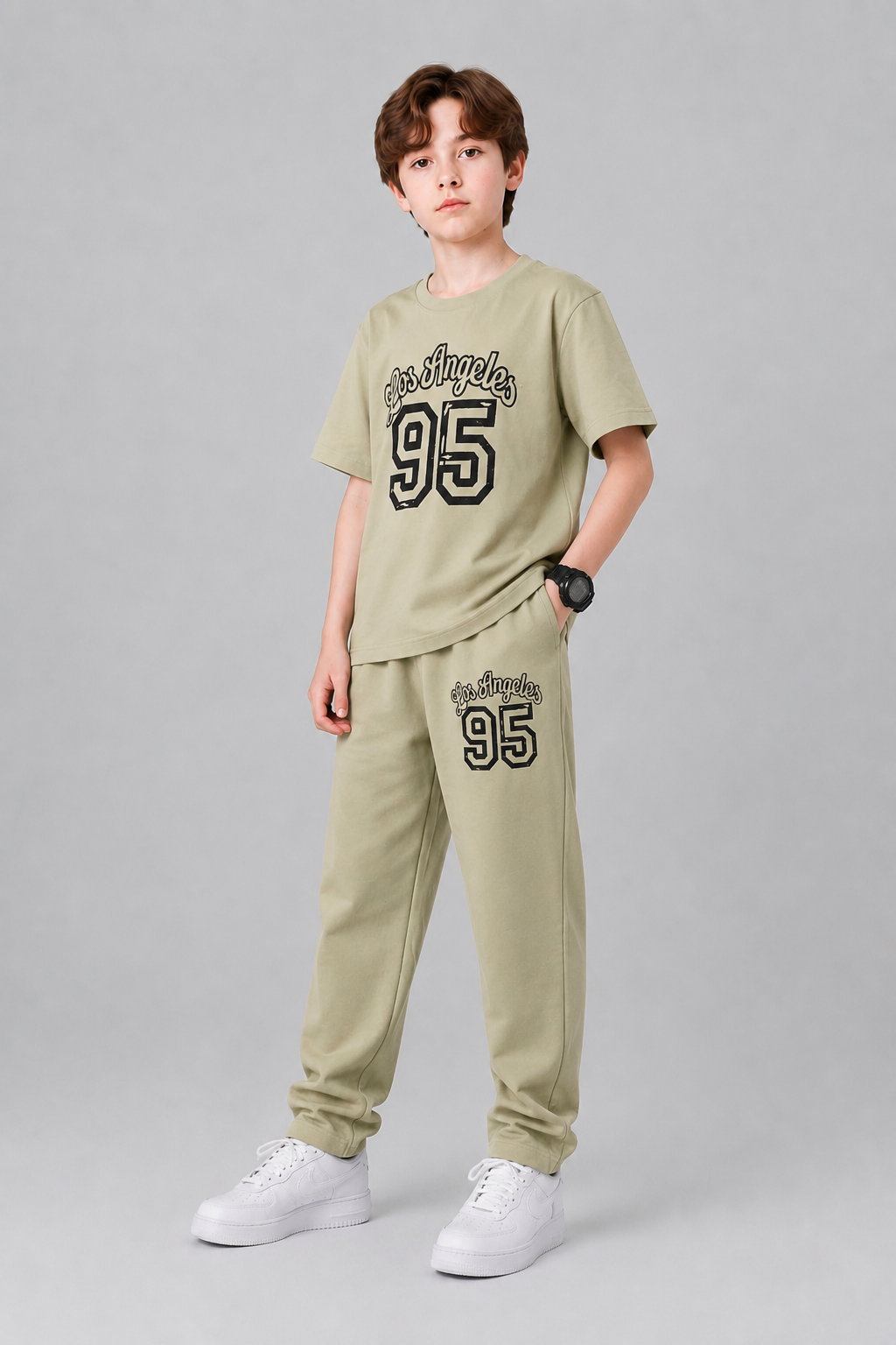 [Los Angeles 95 ] Printed Muted Khaki Green T-Shirt &Trousers Boys 284