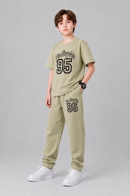 [Los Angeles 95 ] Printed Muted Khaki Green T-Shirt &Trousers Boys 284