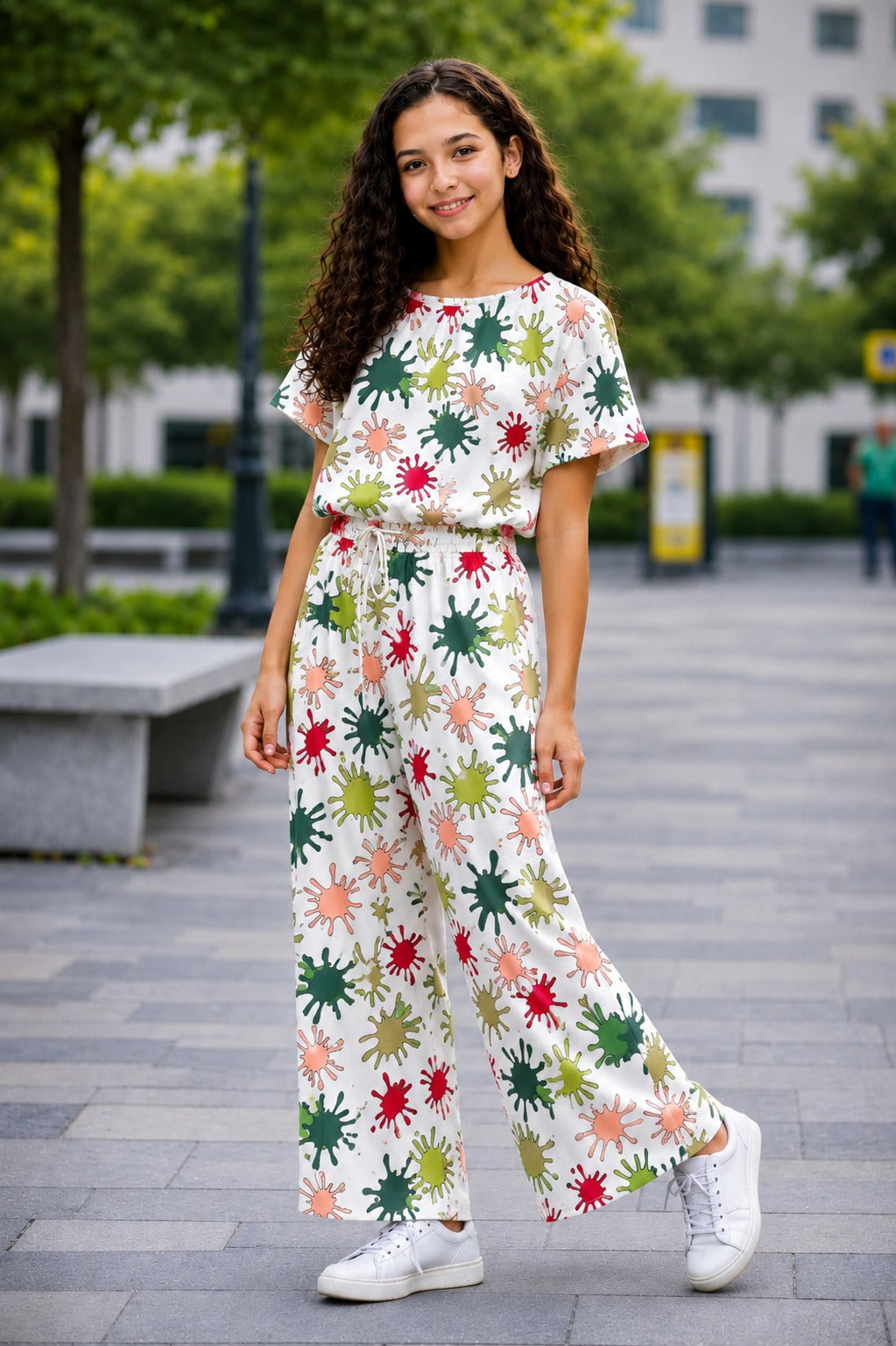 Colorful Paint Splatter White Cotton Girls Co-Ord Set 513