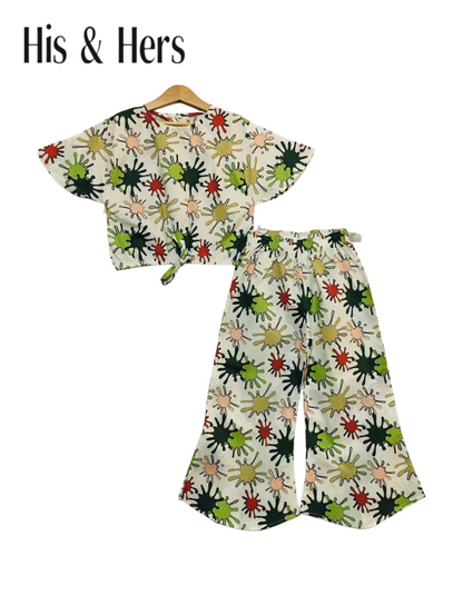Colorful Paint Splatter White Cotton Girls Co-Ord Set 513