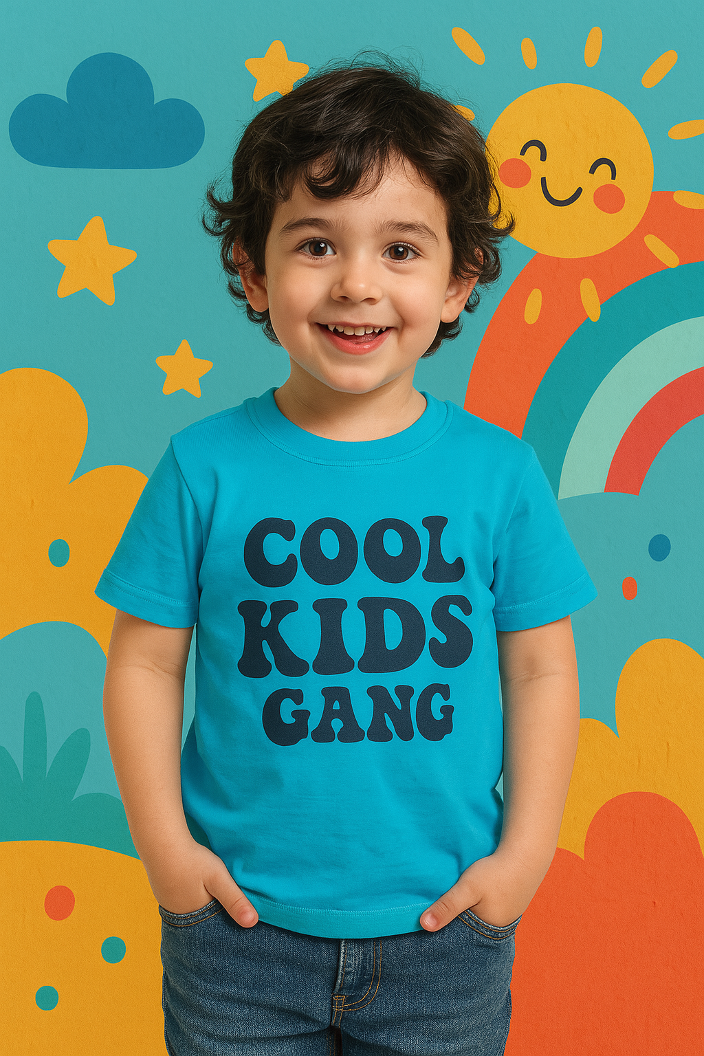 **Blue boys' cotton T-shirt with "Cool Kids Gang" text print, soft breathable fabric for everyday wear in Pakistan.**
