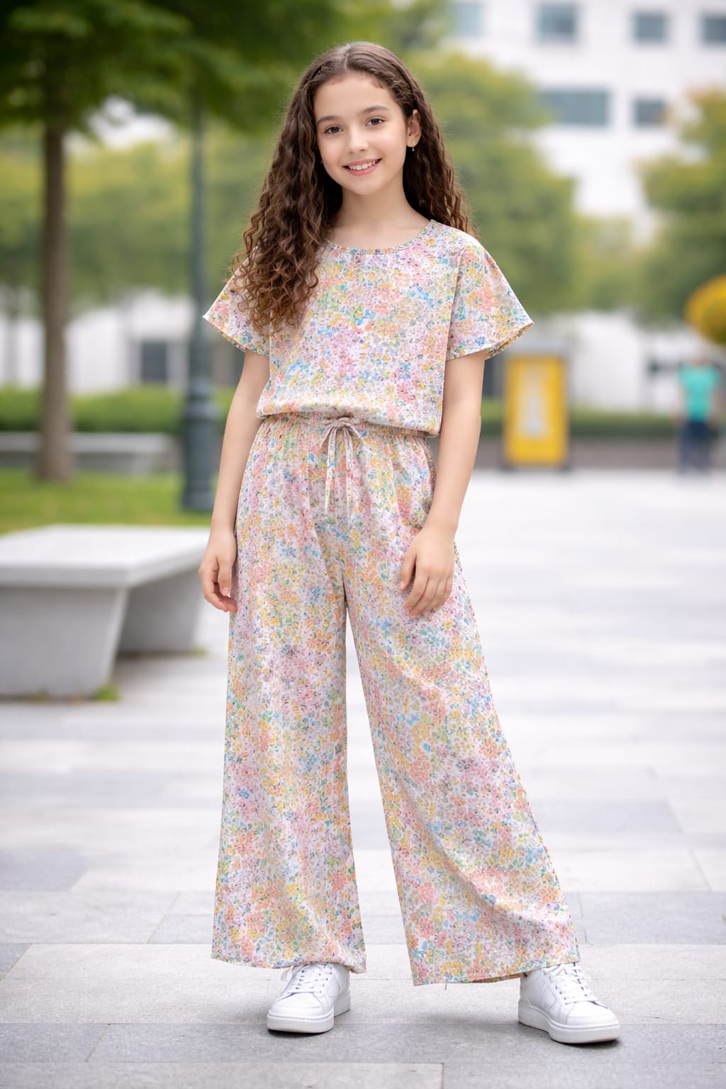 Girls pastel floral cotton co-ord set with short sleeve top and wide-leg pants,kids outfit Pakistan.